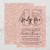 Roos Gold Glitter 45th Birthday Invitation Kaart (Voorkant / Achterkant)
