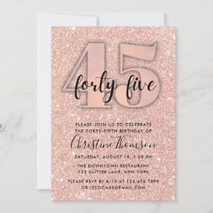 Roos Gold Glitter 45th Birthday Invitation Kaart