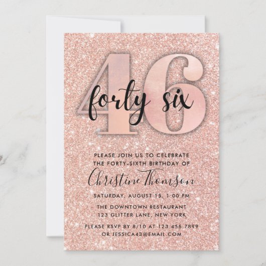 Roos Gold Glitter 46th Birthday Invitation Kaart (Voorkant)