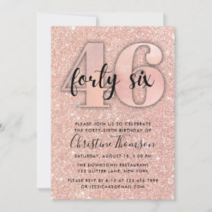 Roos Gold Glitter 46th Birthday Invitation Kaart
