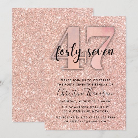 Roos Gold Glitter 47th Birthday Invitation Kaart (Voorkant / Achterkant)