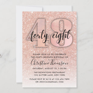 Roos Gold Glitter 48th Birthday Invitation Kaart