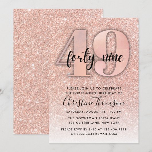 Roos Gold Glitter 49th Birthday Invitation Kaart (Voorkant / Achterkant)