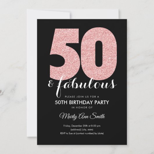 Roos Gold Glitter 50 & Fabulous Birthday Party Kaart (Voorkant)