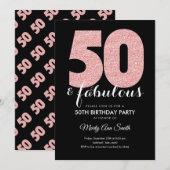 Roos Gold Glitter 50 & Fabulous Birthday Party Kaart (Voorkant / Achterkant)