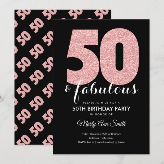 Roos Gold Glitter 50 & Fabulous Birthday Party Kaart (Voorkant / Achterkant)