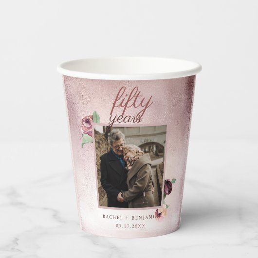 Roos Gold Glitter 50 jaar bruiloft Jubileum Roze Papieren Bekers (Achterkant)
