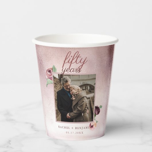 Roos Gold Glitter 50 jaar bruiloft Jubileum Roze Papieren Bekers (Voorkant)