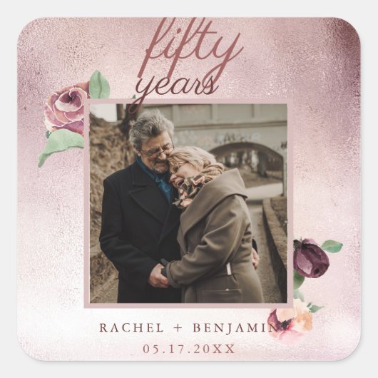 Roos Gold Glitter 50 jaar bruiloft Jubileum Roze Vierkante Sticker (Voorkant)