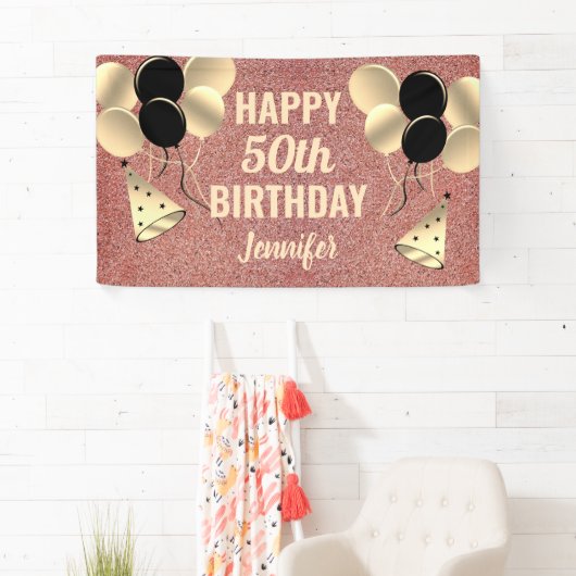 Roos Gold Glitter 50e verjaardag op persoonlijke t Spandoek (Insitu)