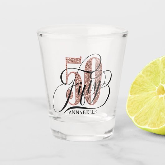 Roos Gold Glitter 50e verjaardag Typografie Shot Glas (Voorkant)
