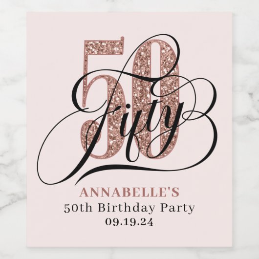 Roos Gold Glitter 50e verjaardag Typografie Wijn Etiket (Enkel label)