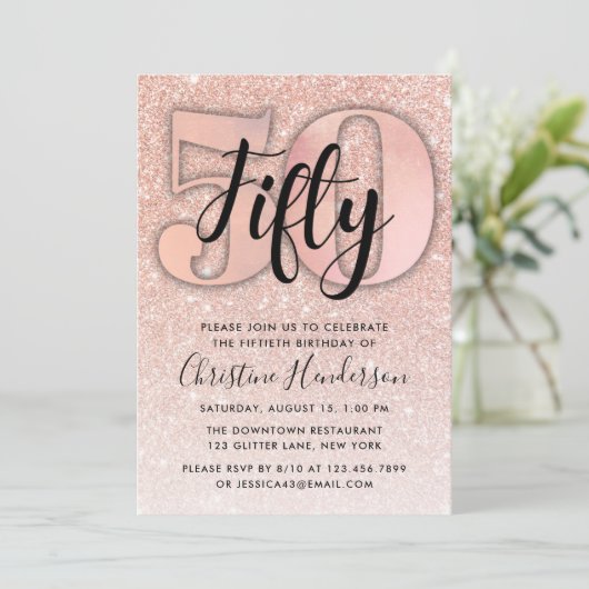 Roos Gold Glitter 50th Birthday Invitation Kaart (Staand voorkant)