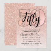 Roos Gold Glitter 50th Birthday Invitation Kaart (Voorkant / Achterkant)