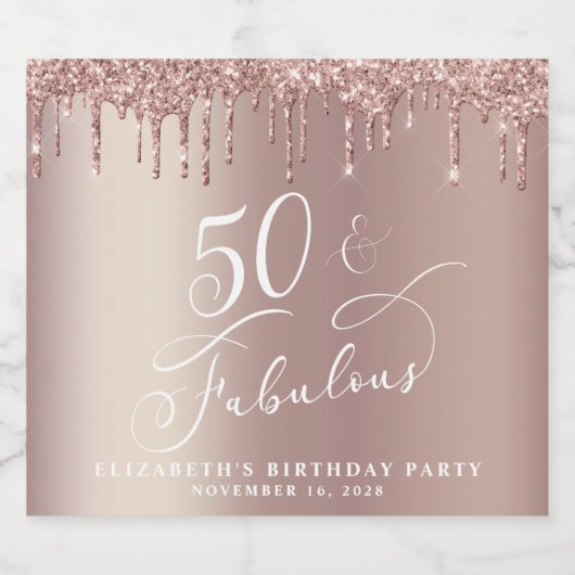 Roos Gold Glitter 50th Birthday Party Sparkling Wijnetiket (Enkel label)