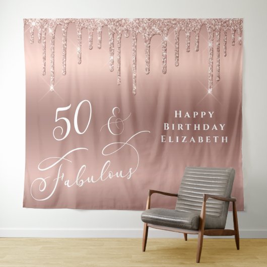 Roos Gold Glitter 50th Birthday Party Tapestry Wandkleed (In Situ (horizontaal))