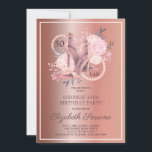 Roos Gold Glitter 50th Birthday Surprise Party Kaart<br><div class="desc">Een elegante 50- en fab 50e verassingsfeestje in een roos gouden metalen schimmelaar met glitter en scriptnaam typografie met roos goud en glitter dansschoenen met hoge hakken, florals en een reeks parels die in het ontwerp en het type zijn geïntegreerd. Een unieke, stijlvolle uitnodiging voor deze mijlpaal verjaardag. 50 en...</div>