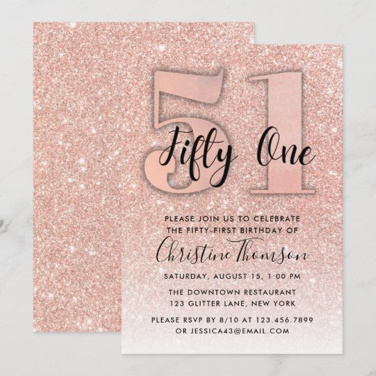 Roos Gold Glitter 51st Birthday Uitnodiging (Voorkant / Achterkant)