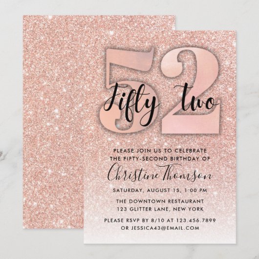 Roos Gold Glitter 52e verjaardag Uitnodiging (Voorkant / Achterkant)