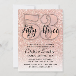 Roos Gold Glitter 53rd Birthday Invitation Kaart