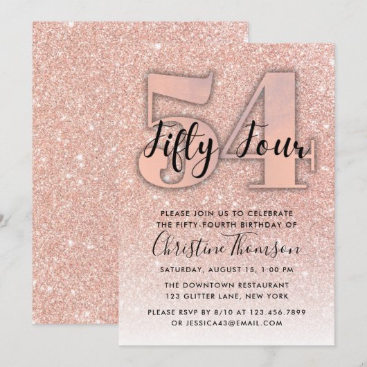 Roos Gold Glitter 54th Birthday Invitation Kaart (Voorkant / Achterkant)