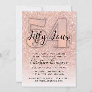 Roos Gold Glitter 54th Birthday Invitation Kaart