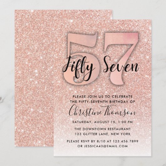Roos Gold Glitter 57th Birthday Invitation Kaart (Voorkant / Achterkant)