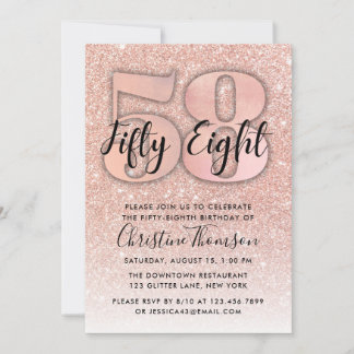 Roos Gold Glitter 58th Birthday Invitation Kaart