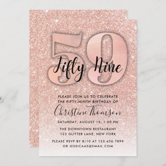 Roos Gold Glitter 59th Birthday Invitation Kaart (Voorkant / Achterkant)