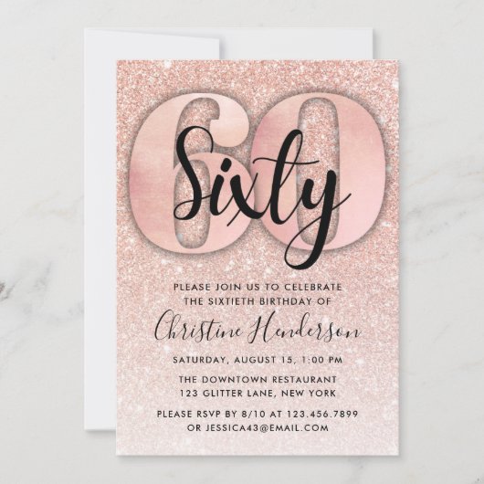 Roos Gold Glitter 60th Birthday Invitation Kaart (Voorkant)