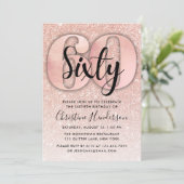 Roos Gold Glitter 60th Birthday Invitation Kaart (Staand voorkant)