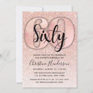 Roos Gold Glitter 60th Birthday Invitation Kaart