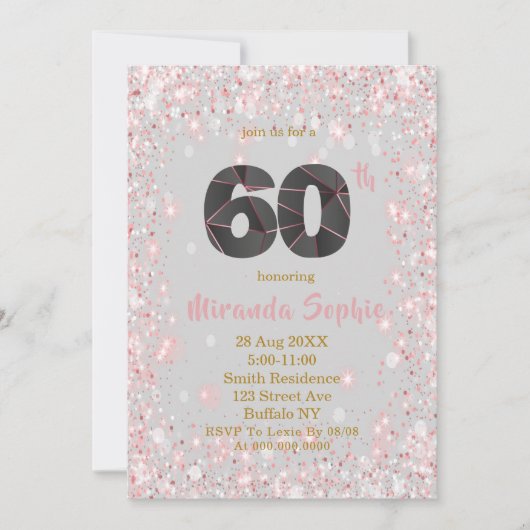 Roos Gold Glitter 60th Birthday Invitations (Voorkant)