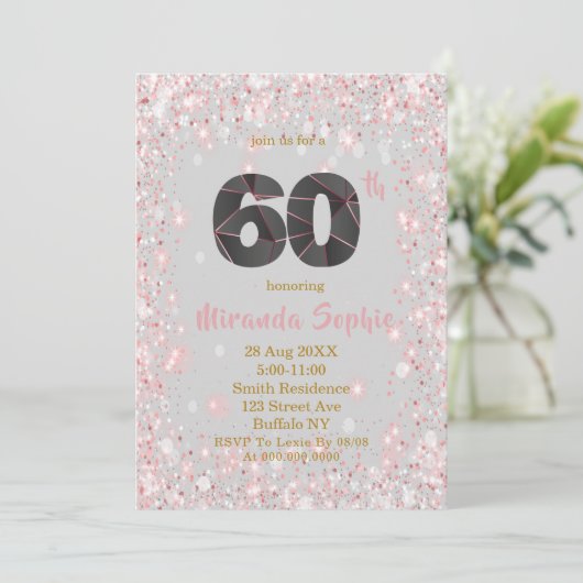 Roos Gold Glitter 60th Birthday Invitations (Staand voorkant)