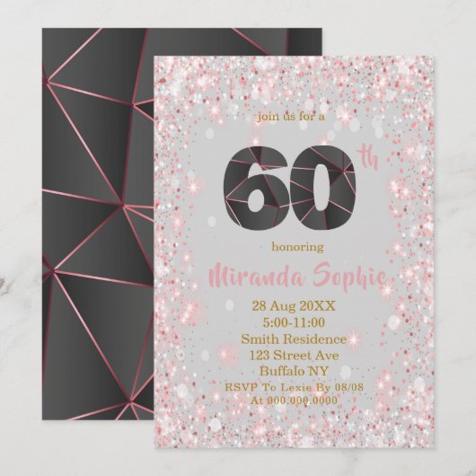 Roos Gold Glitter 60th Birthday Invitations (Voorkant / Achterkant)