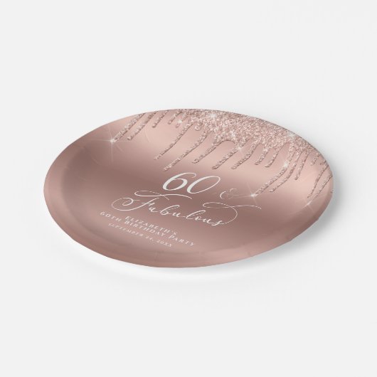 Roos Gold Glitter 60th Birthday Party Papieren Bordje (Gekanteld)