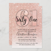Roos Gold Glitter 61st Birthday Uitnodiging (Voorkant / Achterkant)