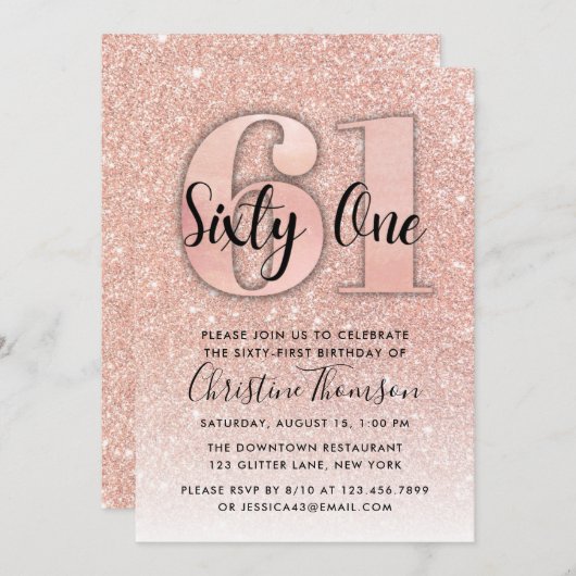 Roos Gold Glitter 61st Birthday Uitnodiging (Voorkant / Achterkant)