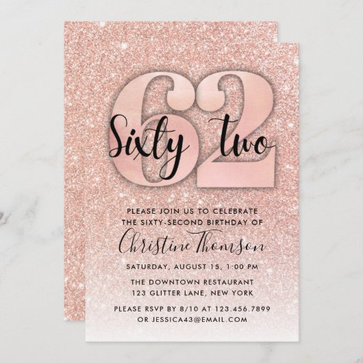 Roos Gold Glitter 62e verjaardag Uitnodiging (Voorkant / Achterkant)