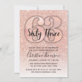 Roos Gold Glitter 63rd Birthday Invitation Kaart (Voorkant)