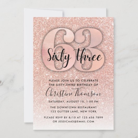 Roos Gold Glitter 63rd Birthday Invitation Kaart (Voorkant)
