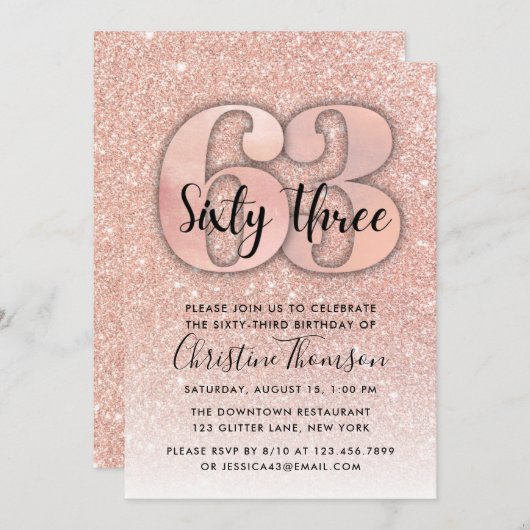 Roos Gold Glitter 63rd Birthday Invitation Kaart (Voorkant / Achterkant)