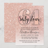 Roos Gold Glitter 64th Birthday Invitation Kaart (Voorkant / Achterkant)