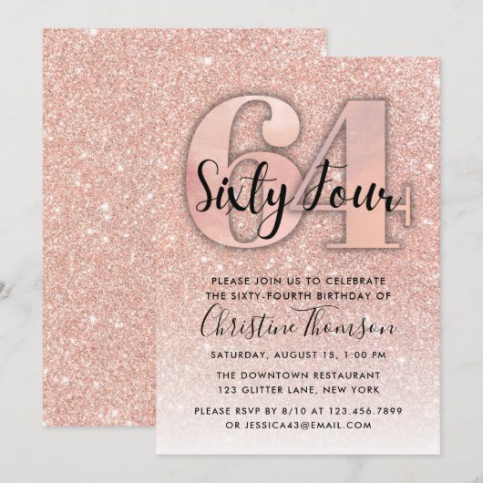 Roos Gold Glitter 64th Birthday Invitation Kaart (Voorkant / Achterkant)
