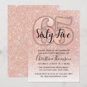 Roos Gold Glitter 65th Birthday Invitation Kaart (Voorkant / Achterkant)