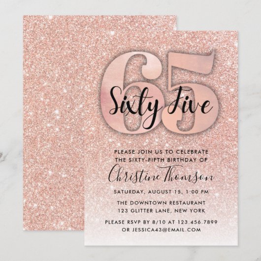 Roos Gold Glitter 65th Birthday Invitation Kaart (Voorkant / Achterkant)