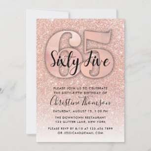 Roos Gold Glitter 65th Birthday Invitation Kaart