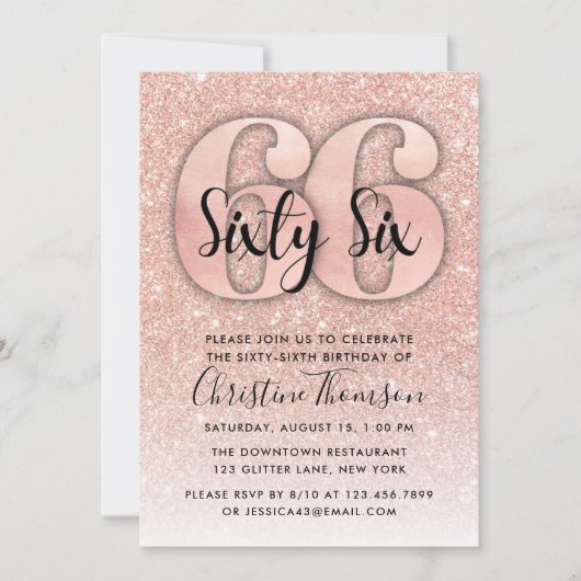 Roos Gold Glitter 66th Birthday Invitation Kaart (Voorkant)