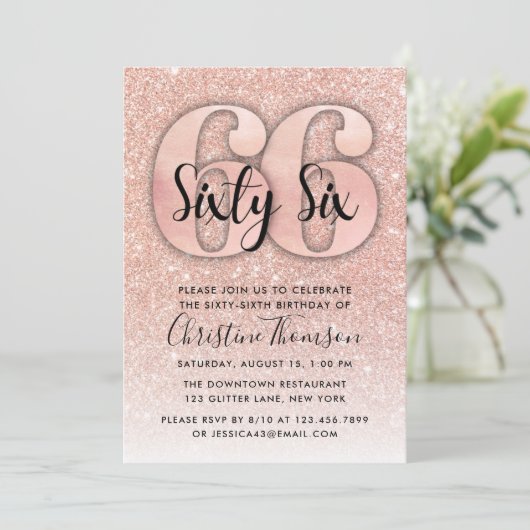 Roos Gold Glitter 66th Birthday Invitation Kaart (Staand voorkant)