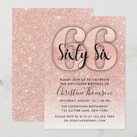 Roos Gold Glitter 66th Birthday Invitation Kaart (Voorkant / Achterkant)